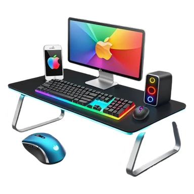 rgb gaming computer on black desk with a black keyboard and mouse sticker