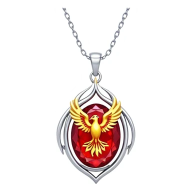 phoenix-inspired ruby pendant, deep red core with yellow ember edges, floating silver chain sticker