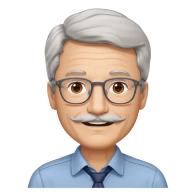Generate a portrait of a slightly older man with glasses. His hair is quite thin, gray, but wavy. He has brown eyes, a mustache, and is smiling. sticker