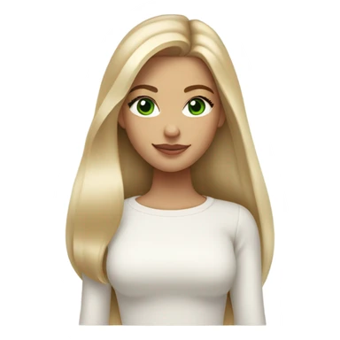 solo blonde girl with green eyes, smooth skin, white sweater, long blow out hair, baddie, middle part sticker