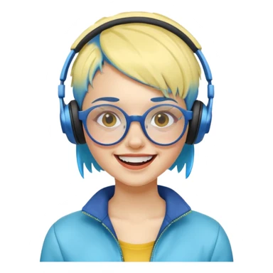 yellow-skinned girl, short blue ombre hair, futuristic glasses, wireless headphones, laughing out loud sticker