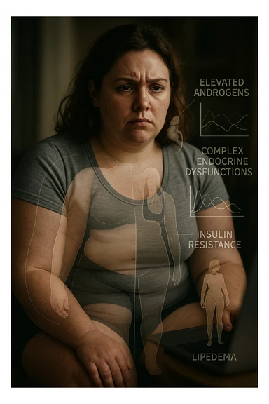cinematic realistic in italiano Woman with PCOS struggling with hormonal chaos, transparent overlay showing elevated androgens and insulin resistance affecting her body, lipedema causing disproportionate fat accumulation in legs and arms despite normal torso, expression of frustration with unexplained weight gain, medical charts showing complex endocrine dysfunction, painful swollen limbs contrasting with metabolic confusion in italiano sticker