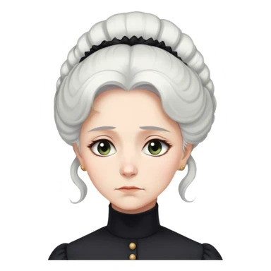 A Victorian woman with elegant coiffed white hair and light eyes wearing a modest unadorned black turtleneck mourning dress looking down with a forlorn expression sticker