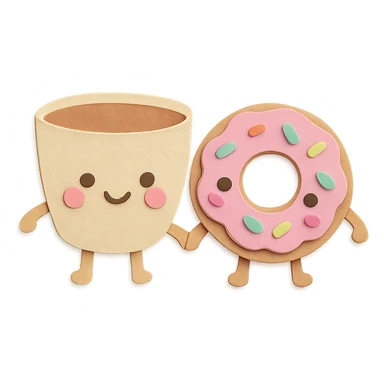 cute coffee cup and donut holding hands, soft pastel kawaii style, transparent background sticker