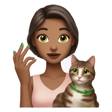 A girl with green eyes and dark brown straight hair, and makeup nude lipstick  and eyelashes, slightly tanned, oval light pink fingernails ,white top, holding a brown tabby cat with green eyes  sticker