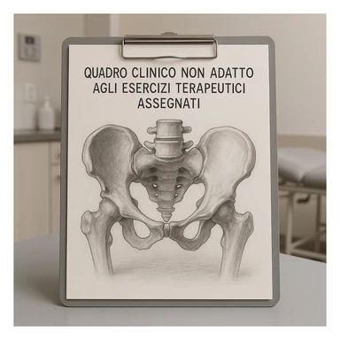 realistic drawing of a human pelvis tilted in the center on a sheet of paper in a clinical environment, with the title at the top written 'quadro clinico non adatto agli esercizi terapeutici assegnati', realistic details, professional atmosphere, neutral background sticker