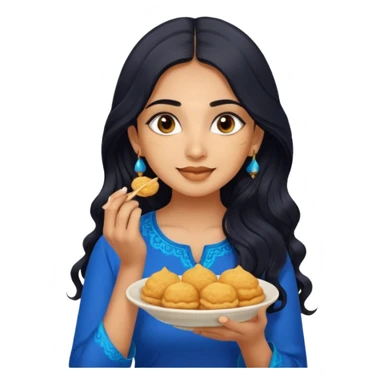 a pretty tan indian bratz girl with wavy long BLACK hair. eyeliner on, wearing a blue kurti, eating golgappa. NO SPOON sticker