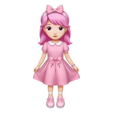 A girl wear a a pink pink dress and pink wacth and a pink hairband and a white shoes sticker