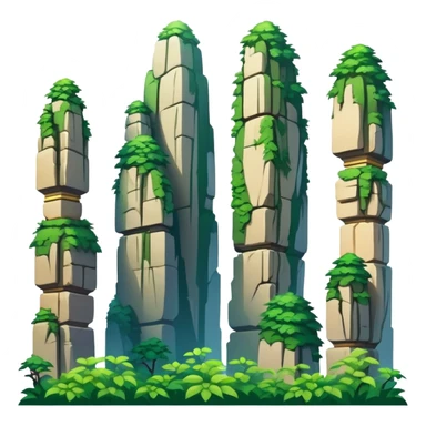 Zhangjiajie Avatar mountains, simplified emoji style with bold outlines and bright colors, cartoon style tall stone pillars with greenery sticker