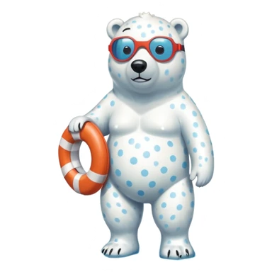 full body friendly anthropomorphised polar bear wearing polka dot swim shorts and swim goggles, standing in a puddle and holding a life buoy sticker