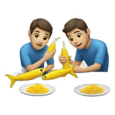 two fishes sitting at the brown table and eating corn  sticker
