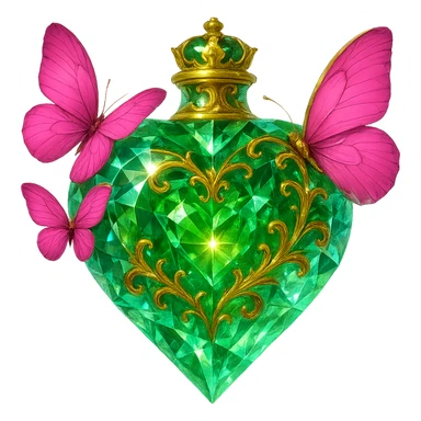 Make the bottle clearly crystalline with visible edges, strong glow, light reflections, and transparency to resemble a gemstone. Keep the green heart shape, golden details, and pink butterflies attached to the bottle. The background should be transparent with a beautiful merging bottom, the bottle should appear floating in the air, and have a small crown as the stopper on top. The design must be elegant, bright, with no base or shadow. Style: elegant, bright, gemstone-like crystalline bottle with green heart, gold details, and pink butterflies, transparent background, floating, small crown stopper. sticker