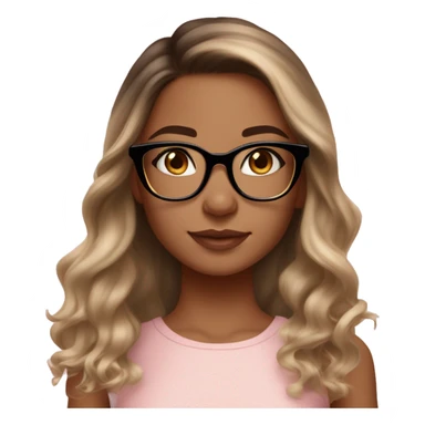 Girl with medium to olive skin tone, not too dark brown eyes, dark hair with golden blonde balayage highlights, rose gold square glasses, subtle freckles on cheeks, perfect and small nose, lower lip bigger than the upper one and pink in color. sticker