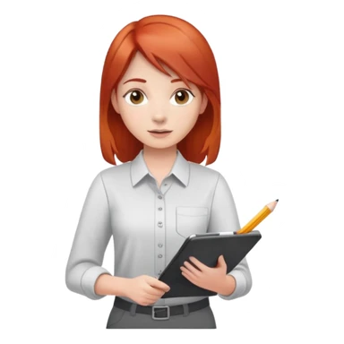 Intern or volunteer red hair holding a clipboard and pencil, ready to take notes or assist. The character wears a simple shirt and has an eager posture sticker