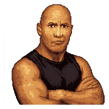 Make Dwayne Johnson do his iconic pose with one eyebrow raised, pixel art style, keep background transparent. sticker