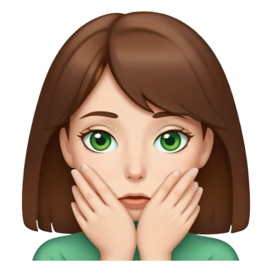 shy woman covering mouth, brown hair, green eyes sticker