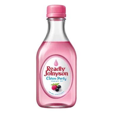 realistic Johnson and Johnson style bottle pink cap pink label clear bottle with berry party written on the logo with diddy logo bottle leaking oil from the top sticker