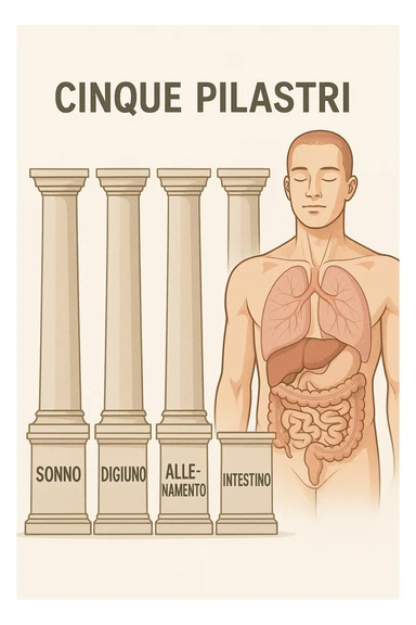 5 pilastri con le scritte "SONNO", "DIGIUNO", "ALLENAMENTO", "INTESTINO", DAVANTI UN CORPO UMANO ANATOMICO CON OCCHI CHIUSI IN SALUTE, SFONDO CHIARO IN ITALIANO sticker