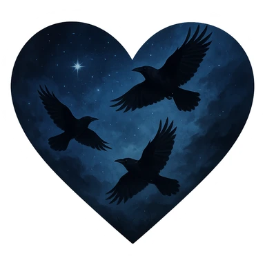  heart with blue night sky and dark ravens, remove background sticker