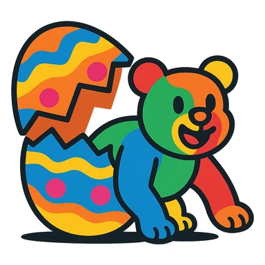 a gummy bear crawling out of an Easter egg, vibrant, playful, clear subject, bright colors, fun mood, simple background sticker