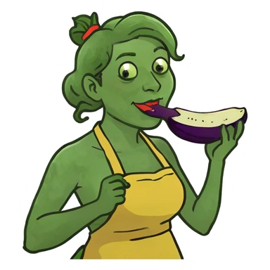 woman eating eggplant sticker
