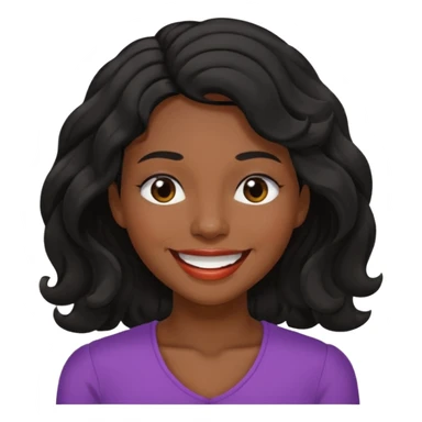 Happy face with big smile showing teeth,  dark brown skin color black women wavy hair shoulder length, eyes slightly closed sticker