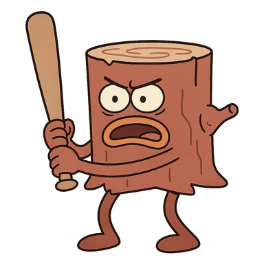 cartoonish tree stump character with limbs gripping a baseball bat sticker