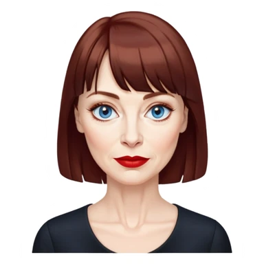 Woman in her late 50s with pale skin, wider face, more pronounced wrinkles, blue eyes with eyeliner, thin eyebrows, small nose, red lipstick, dark auburn hair with bangs, wearing a black top sticker