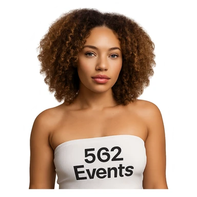 realistic mixed Caucasian and African American Red Bone woman, wearing a white tube top with the text '562 Events' written on the tube top sticker