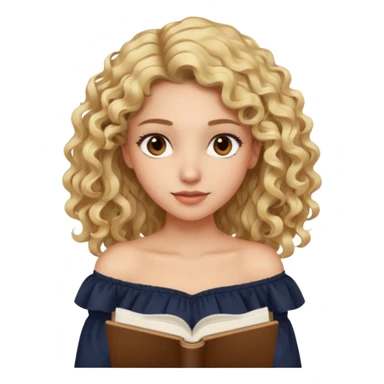 woman with long curly blond hair, brown eyes, wearing an off-shoulder top, studying sticker