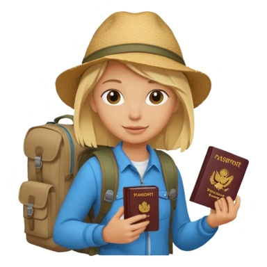 blonde haired Traveler character with passport, backpacker,  sticker