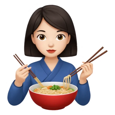 chica joven con piel clara y pelo oscuro comiendo un bowl de comida sticker