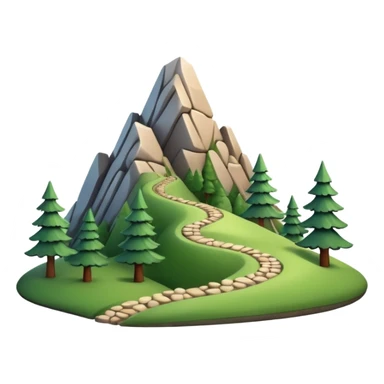 A 3D cartoon mountain trail winding up green slopes with stones and pine trees, distant peaks in background, warm daylight, Memoji-style. sticker