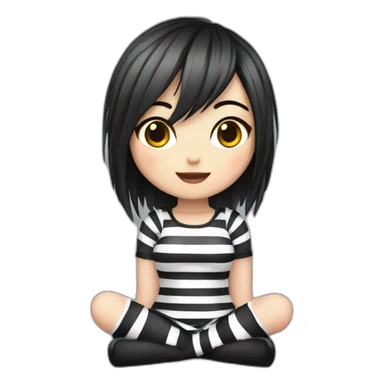 Frontal view curvy emo girl sits white skirt striped stockings hands up sticker