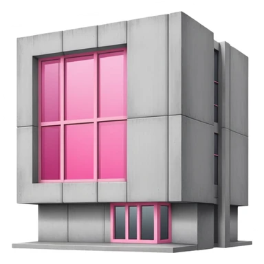 Minimalist brutalist building made of gray concrete with a pink window that stands out sticker