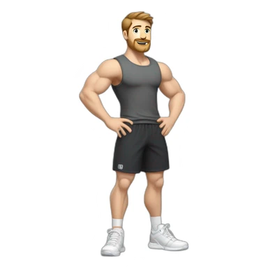 Full height Actively gesturing with hands Pale skinned Fit Man With the biceps and brown hair in dark gray Sleeveless Mike, black oversize sports shorts and white Sneakers sticker