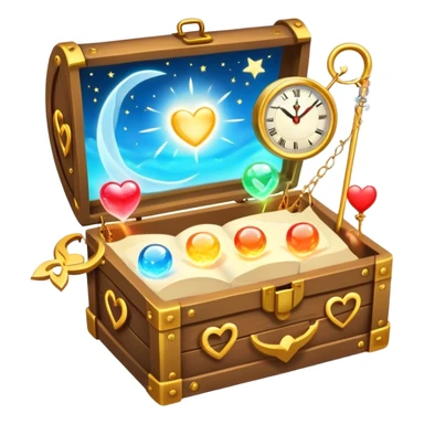A glowing toolbox sits open, filled with five tiny symbols: a sunrise clock, a swirling scroll, three glowing orbs, a magic wand, and a heart-shaped hammock. Floating above is a soft spark, hinting at inner power. It’s not just a box—it’s a lifeline for clarity, ease, and joy. sticker