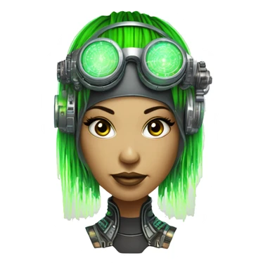 Neon green bobbed hair Latina female cyborg head with silver steampunk goggles and circuits sticker