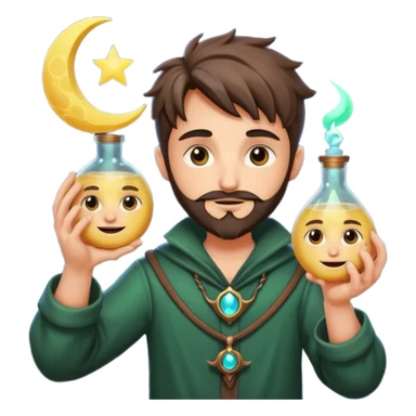 human forest alchemist character holding crescent moon like a glowing flask, mischievous idea face sticker