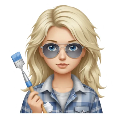 girl with long blond messy hair, white paint on her face wearing grey plaid shirt with blue eyes and aviator sunglasses wearing a ring on her silver necklace, holding a paint brush roller sticker