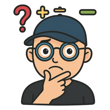 Add a baseball cap to the bald headed man with glasses and math symbols over his head, thinking expression. Keep the background transparent. sticker