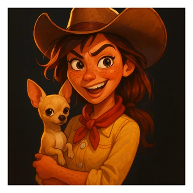 Portrait of a tanned female cowboy with freckles, brown hair with auburn highlights, rebellious and playful expression, Pixar art style, holding a beige-brown chihuahua, dark background, bright illustration, large expressive eyes, vivid colors sticker
