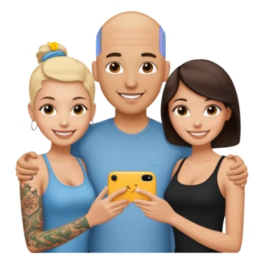 throuple tatted bald boyfriend with blonde girl friend and brunette girlfriend sticker