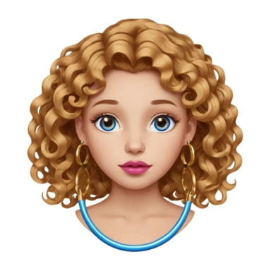 girl with light brown honey wavy hair (subtle side part and 2b curls). blue eyes. one golden nostril piercing (hoop). 6 golden hoop earrings. one golden hoop helix piercing. pink big lips.  sticker