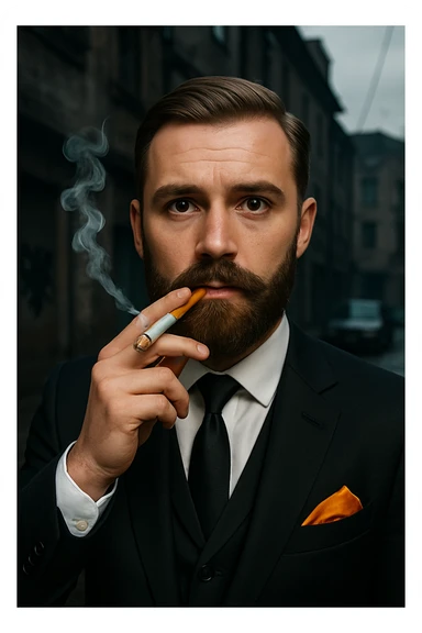 Make the emoji of a character with beard, cigarette, elegant suit, urban background, Albanian mafia style, more realistic with detailed realism. sticker