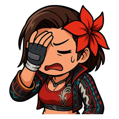 Azucena from Tekken 8 in chibi sticker style with facepalm and exasperated expression, standard Twitch emote, wearing her detailed red and patterned outfit as shown in the reference images. sticker
