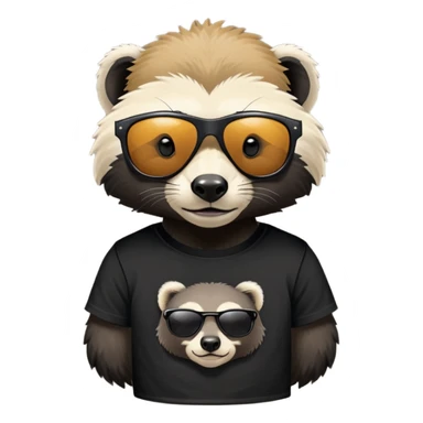 friendly anthropomorphised honey badger, close crop showing head, neck, and top of t-shirt with a graphic print, wearing sunglasses sticker