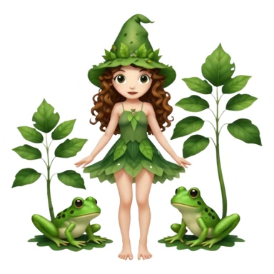 full body woman long curly brown hair brown eyes white skin tattoos wearing cute frog hat and sheer leaf dress, barefoot, flirty forest fairy pose sticker