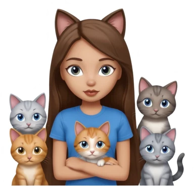 a pretty bratz dusky light skin girl with long brown hair, blue eyes with six cats nd wearing a grey tshirt sticker