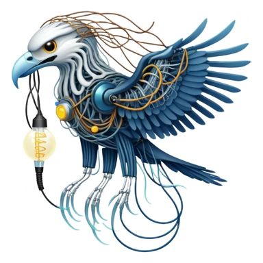 A high-tech eagle made of electric wires and cables with rubber scales that reveal its electric skeleton, possessing both jellyfish-like tendrils and the ability to generate electrical pulses that illuminate the ocean depths. sticker
